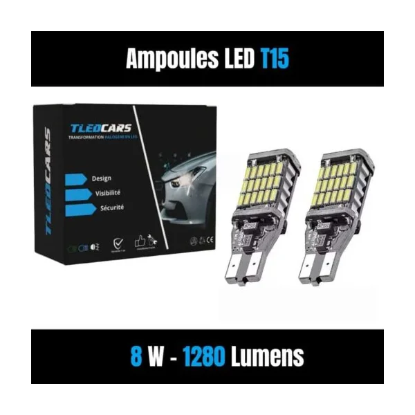 Ampoules LED T15 W16W Recul Ultra Puissantes – CSP 3570 – 1280 Lumens (Pack de 2)