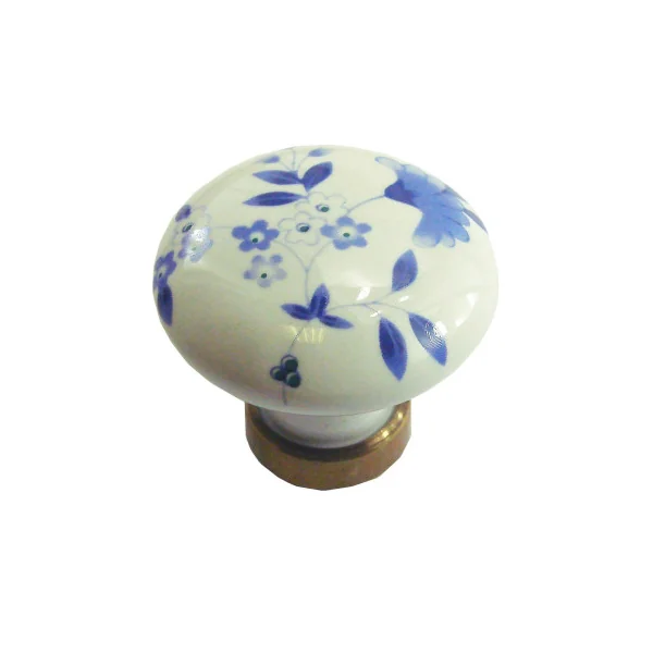 Bouton simple DELPH ROND en porcelaine décoration bleu