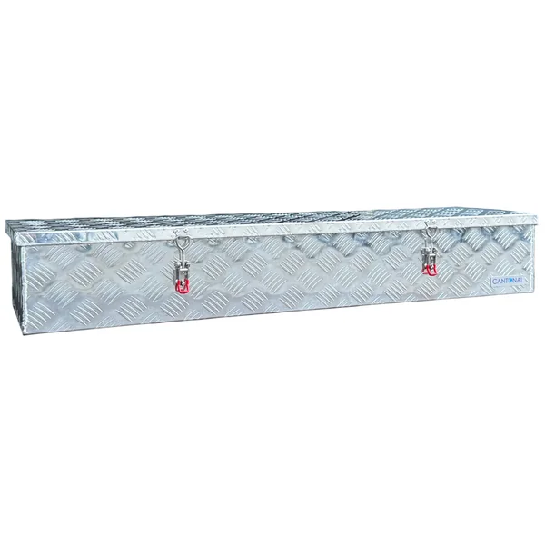Boîte à timon en aluminium 1200x380x195 mm - 2,5 mm Épaisseur de paroi - idéal pour les remorques plateau et les transporteurs de voitures - étanche et résistant à la poussière - avec fermeture à sangle