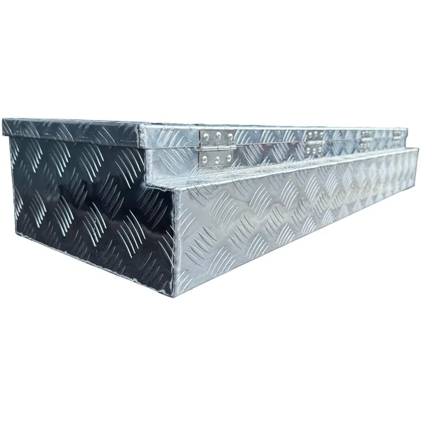Boîte à timon en aluminium 1200x380x195 mm - 2,5 mm Épaisseur de paroi - idéal pour les remorques plateau et les transporteurs de voitures - étanche et résistant à la poussière - avec fermeture à sangle