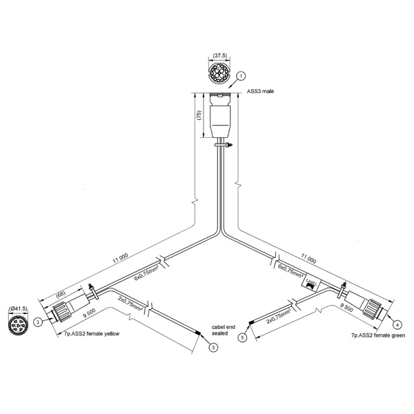 Faisceau de câble Aspöck étanche - 11 mètres - 13 broches - étanche - 2x connecteur ASS2 7 broches - dérivations de 950 cm