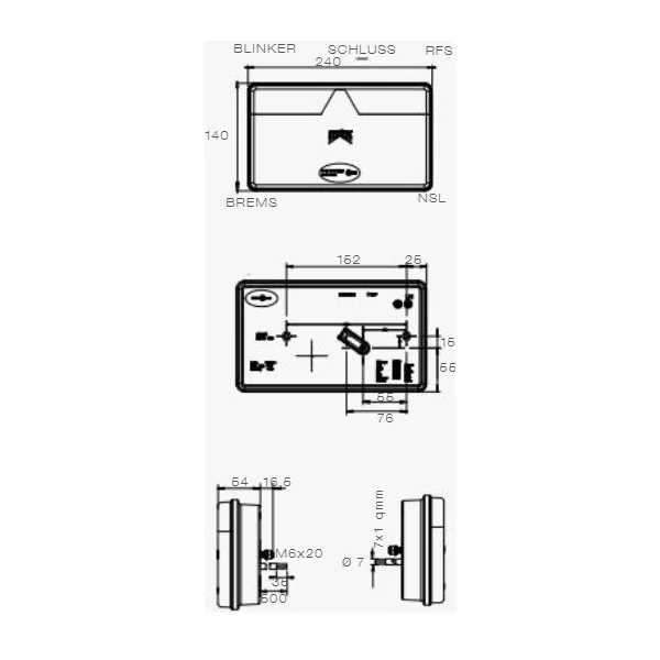 Feu arrière de remorque - Aspöck MultiLED 2 - gauche - 240x140x54 mm - entièrement LED - connecteur 8 broches baïonnette - câble de 50 cm