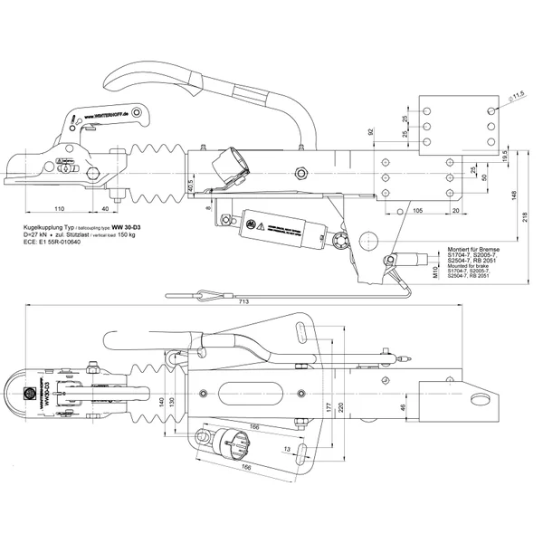 Frein d'inertie BPW ZAF2.0-3 - 2000 kg de capacité de traction maximale - incluant console pour roue jockey