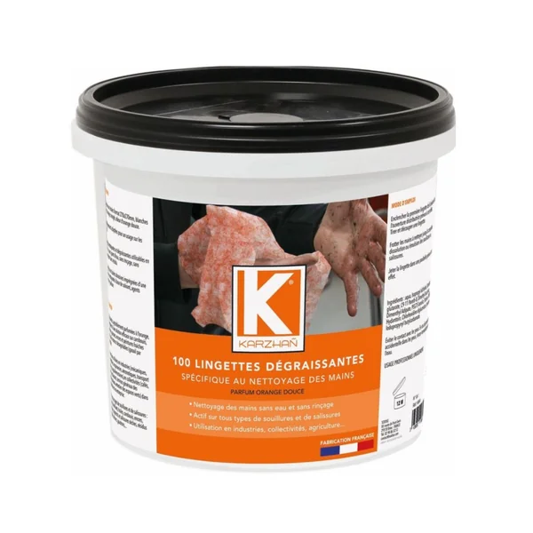 Lingettes nettoyantes pour les mains - Parfum orange - Seau de 100 lingettes (27x27 cm)