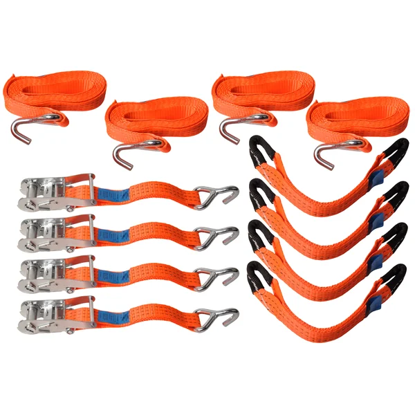 Lot de 4 sangles d'arrimage - 330x3,6 cm - charge de rupture 3000 kg- pour remorque porte-voiture