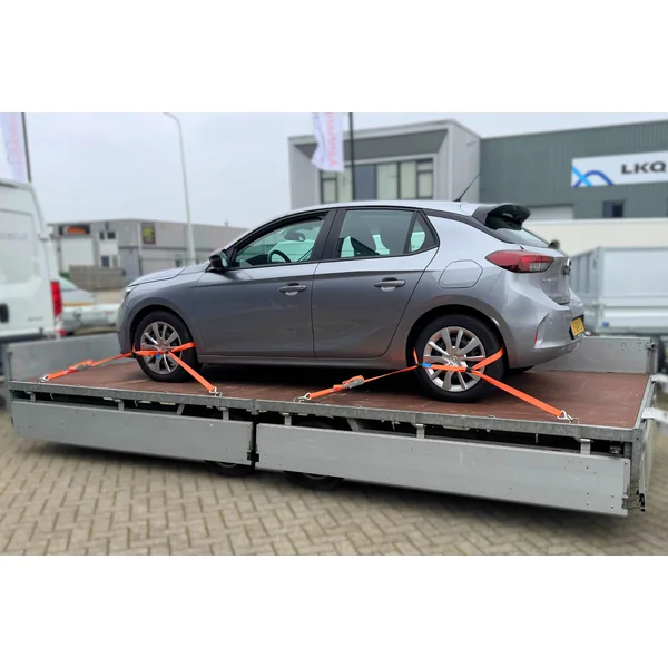Lot de 4 sangles d'arrimage - 330x3,6 cm - charge de rupture 3000 kg- pour remorque porte-voiture
