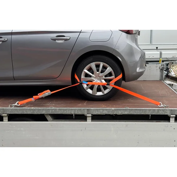 Lot de 4 sangles d'arrimage - 330x3,6 cm - charge de rupture 3000 kg- pour remorque porte-voiture