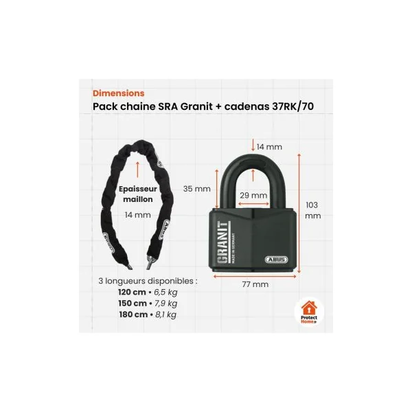 Pack chaine Antivol SRA Granit + cadenas 37RK/70 ABUS