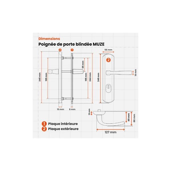 Poignée de porte blindée design Vachette MUZE entraxe 195 mm