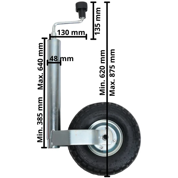 Roue jockey avec pneu gonfable - 48 mm - capacité de charge : 150 kg - jante en acier
