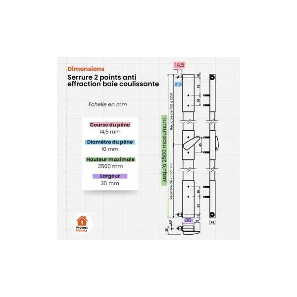 Serrure 2 points anti effraction baie coulissante