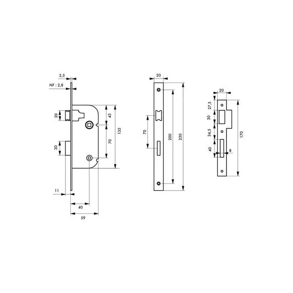 Serrure axe 40 mm coffre 135 mm
