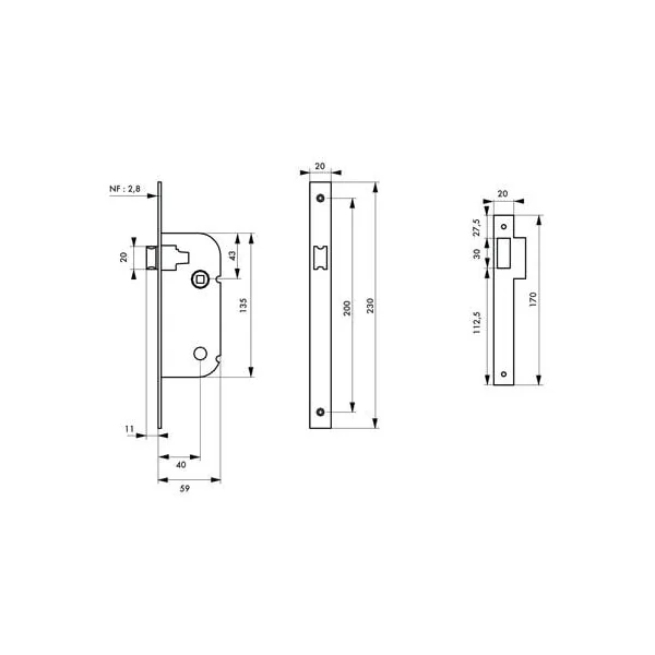 Serrure axe 40 mm coffre 135 mm