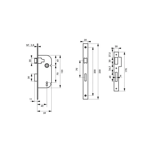 Serrure axe 40 mm coffre 135 mm