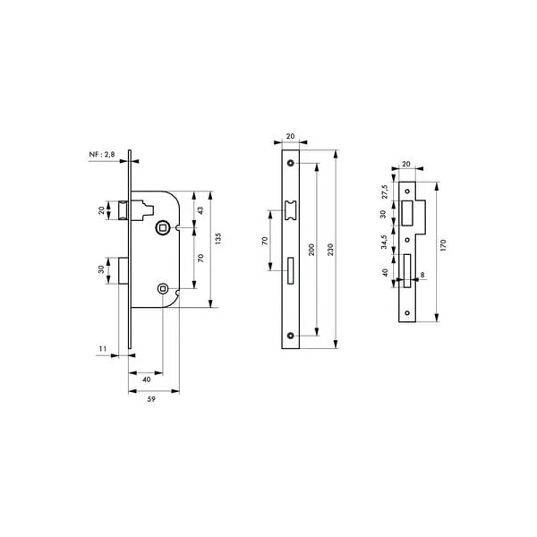Serrure axe 40 mm coffre 135 mm