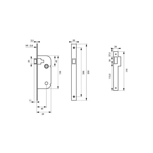 Serrure axe 40 mm coffre 135 mm