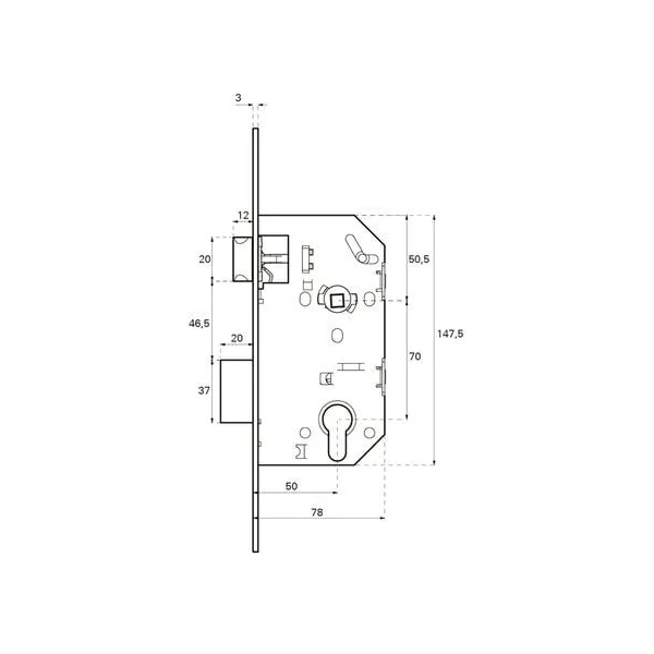 Serrure axe 50 mm têtière XL