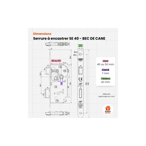 Serrure encastrable Bec de cane sans verrouillage Abus SE - Axe 40/50