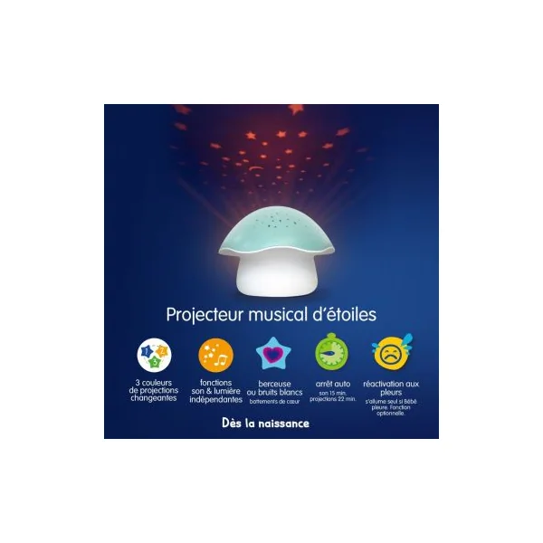 Veilleuse champignon musicale avec projecteur d'étoiles
