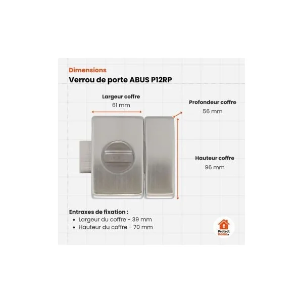 Verrou porte VP12R compatible barillet P12RPS Abus (bouton)