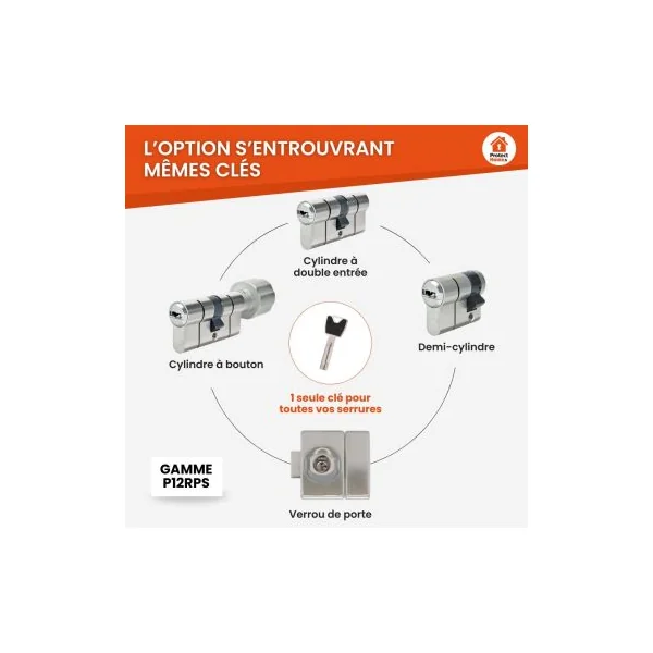 Verrou porte VP12R compatible barillet P12RPS Abus (bouton)
