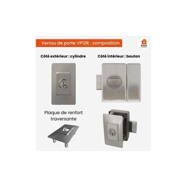 Verrou porte VP12R compatible barillet P12RPS Abus (bouton)