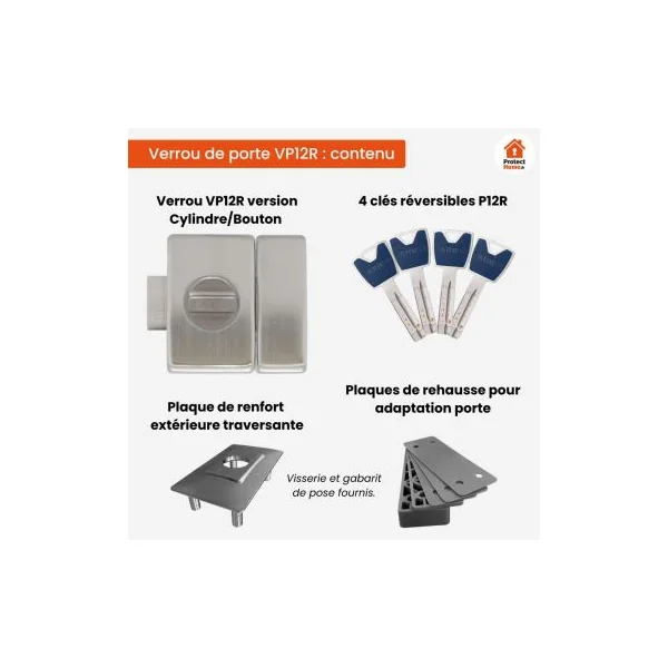 Verrou porte VP12R compatible barillet P12RPS Abus (bouton)